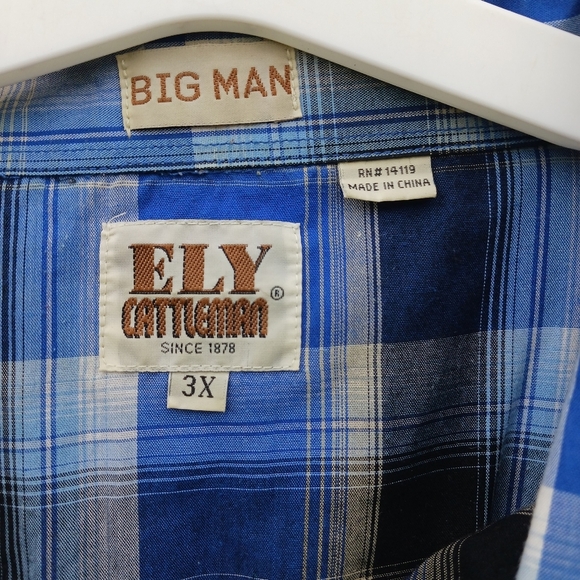 Vtg Ely Cattleman Pearl Snap 3XL Big Man Blue Black Check Short Sleeve Plaid - Picture 5 of 6